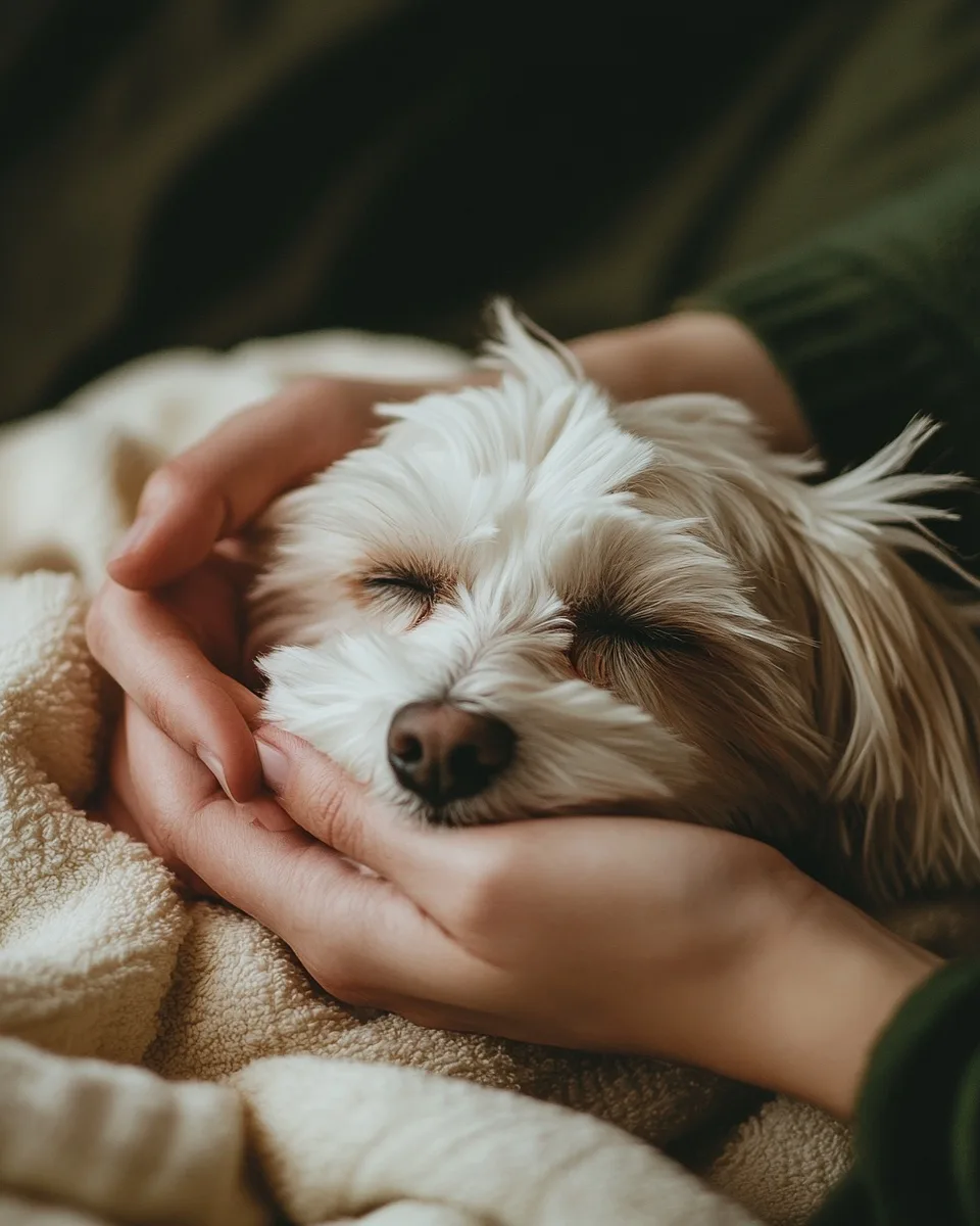 Deux mains qui tiennent doucement la tête d’un petit chien blanc endormi