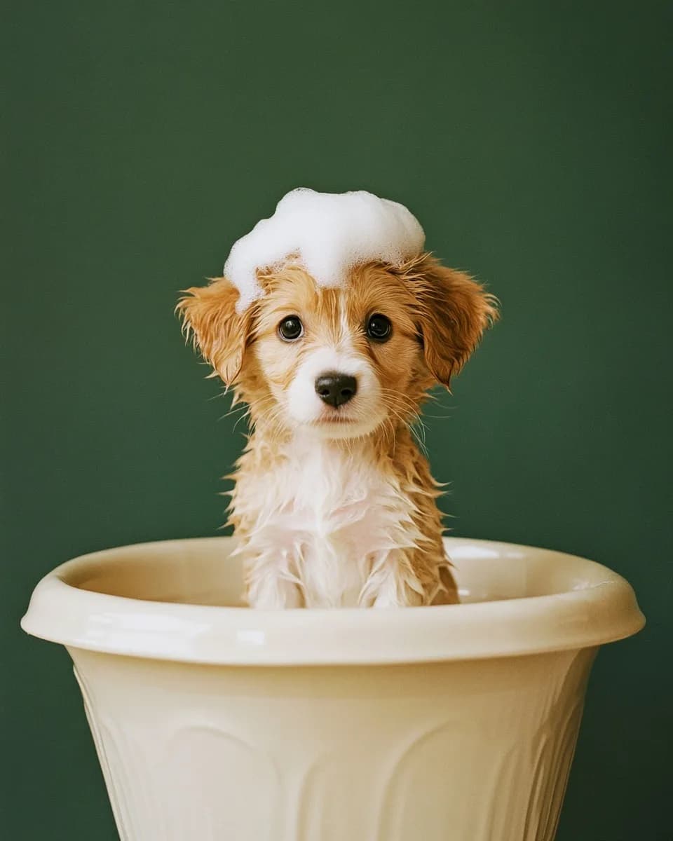 Un chiot dans une bassine crème, de la mousse sur la tête — Bain Signature Dog Factory